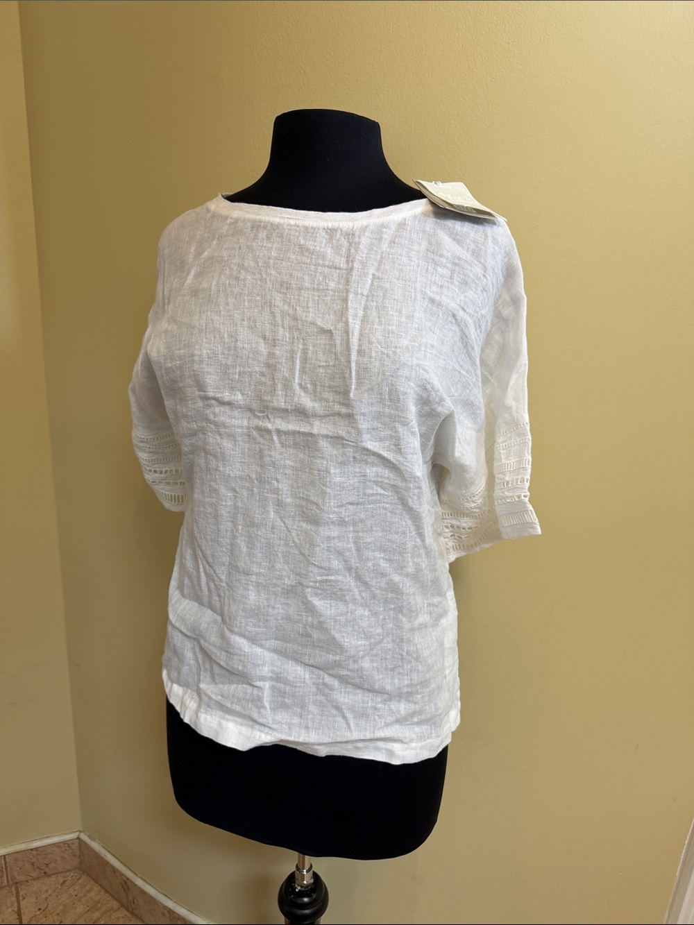 NWT 120% Lino Women's White Linen eyelet -Trim Boatneck Blouse xs
